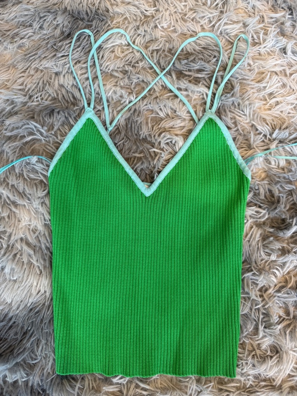 Zara Bright Green Ribbed V-Neck Camisole with Mint Trim NWOT. Medium